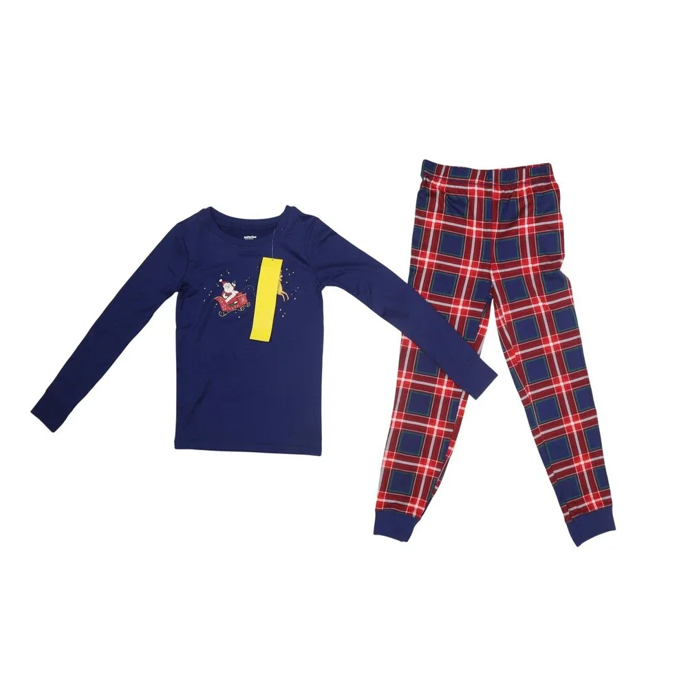 Jammies For Your Families Pajama Set Kids 6 Blue Santa Plaid Christmas Top Pants